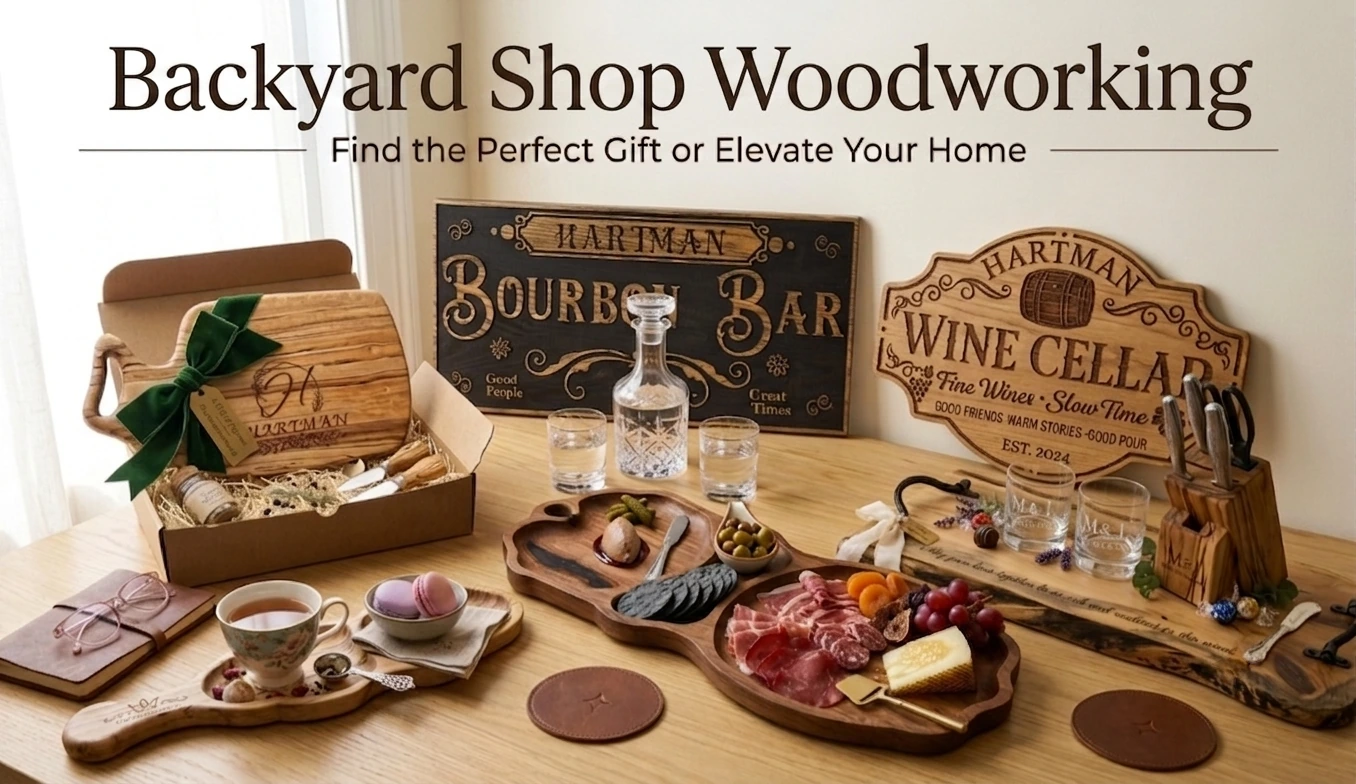 Backyard Shop Woodworking — Find the Perfect Gift or Elevate Your Home. Custom wooden signs, serving boards, and gift pieces arranged on a table.