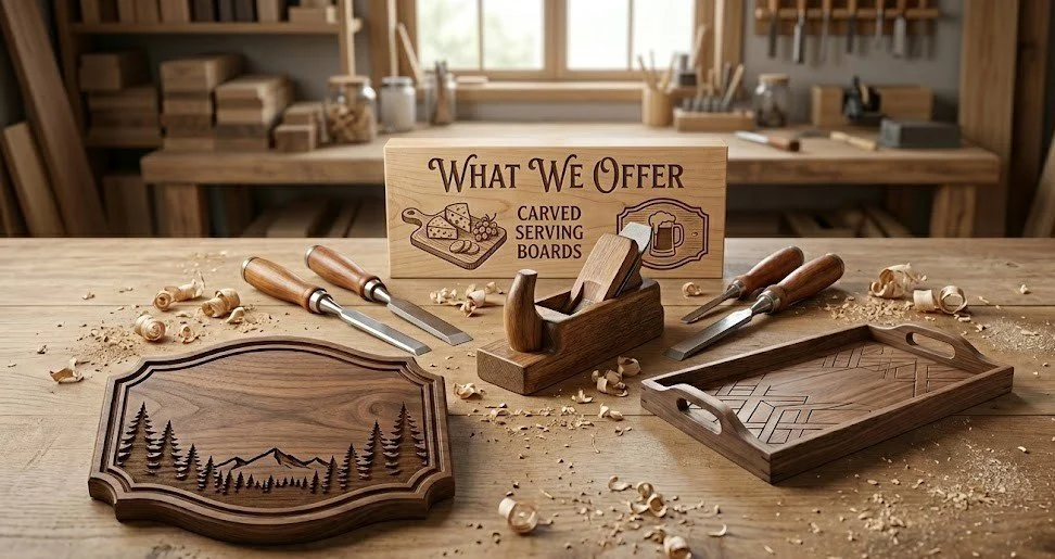 Custom boards, signs, and trays on a workbench